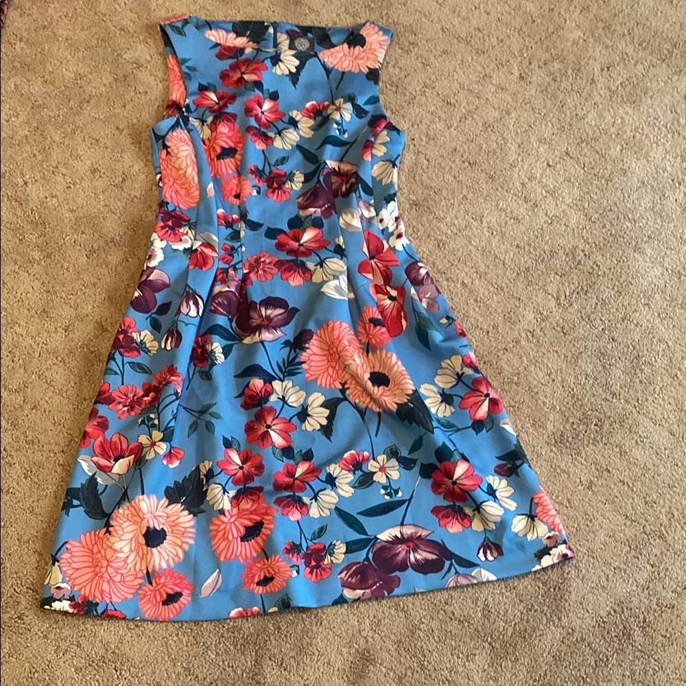 Vince Camuto Blue and Pink A-Line Dress Sleeveless Mock Neck